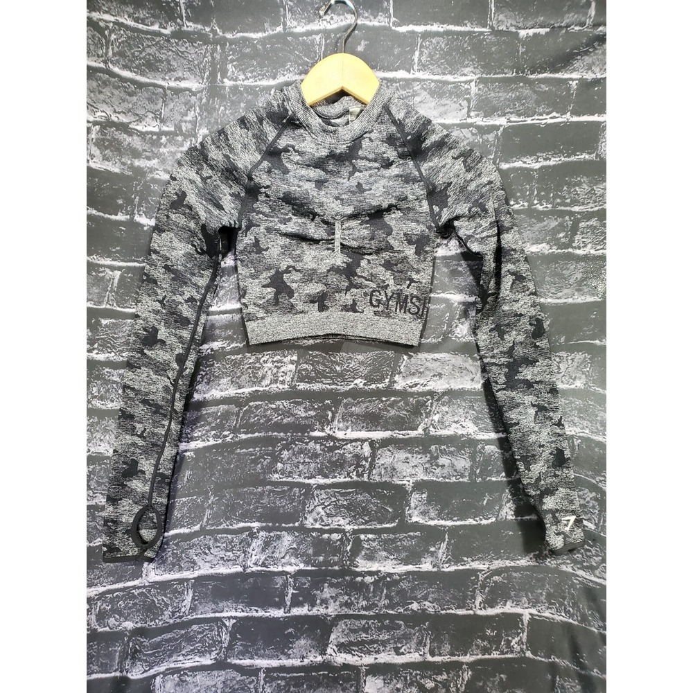 Gymshark Top Womens XS Black‎ Gray Camo Adapt Seamless Cropped Thumb Holes Logo - Picture 14 of 15